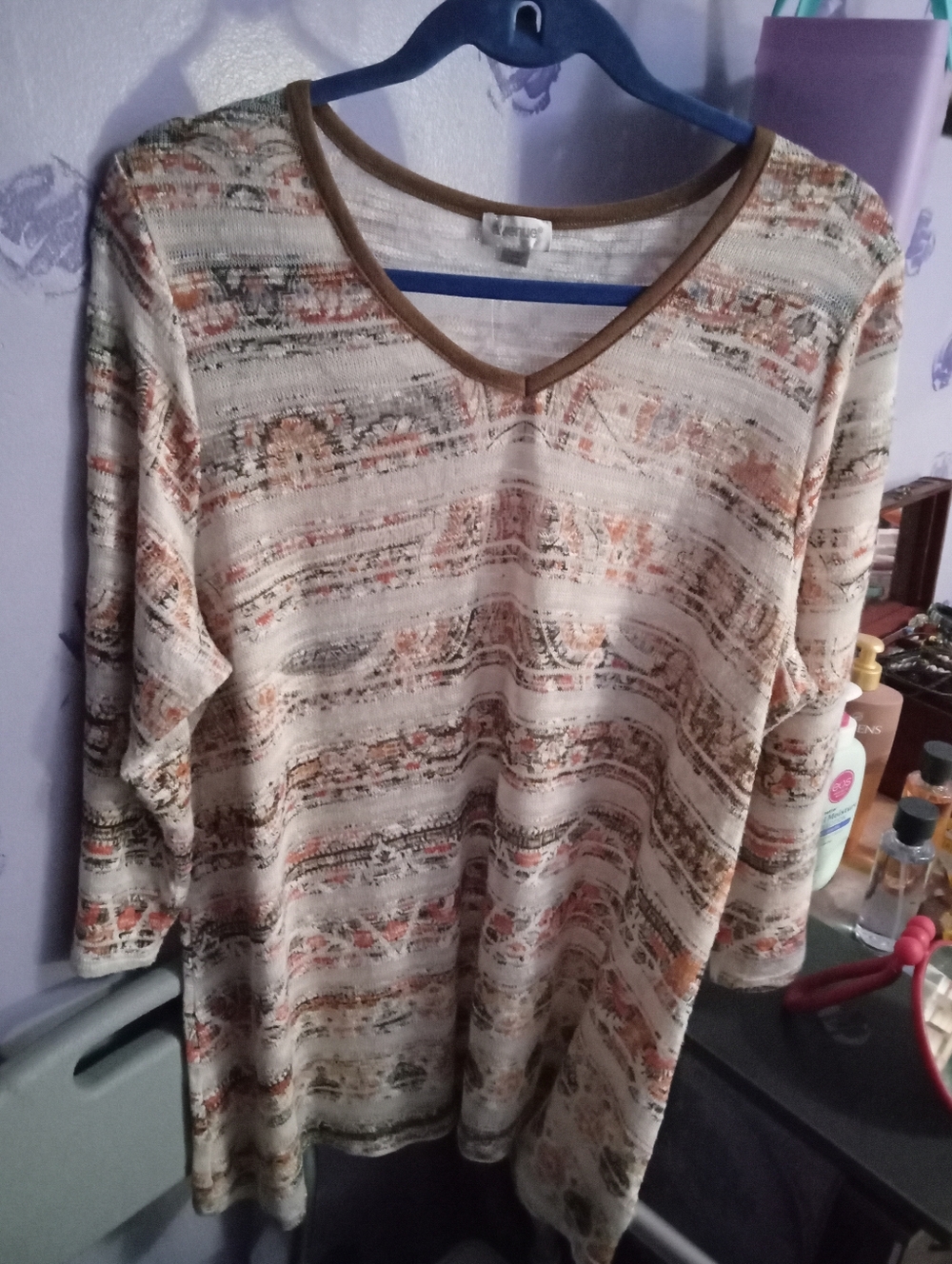 Avenue Beige Patterned V-Neck Tunic with Brown Trim